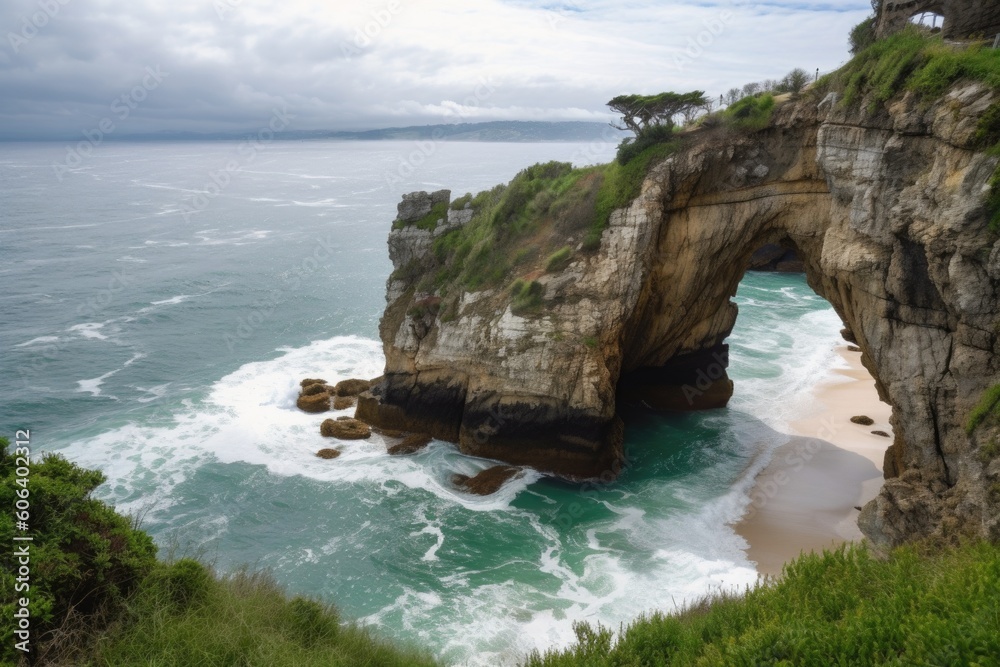 coastal cliff with natural archway and scenic ocean view, created with generative ai
