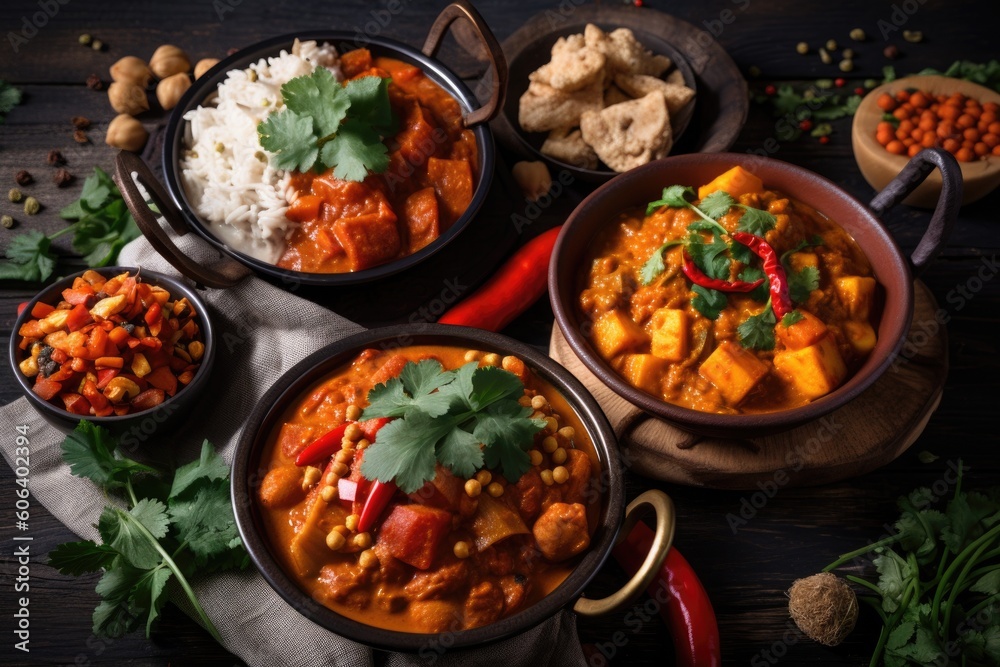 plate of rich and spicy curries, to boost the immune system and ward off colds, created with generative ai plate of rich and spicy curries, to boost the immune system and ward off colds, created with generative ai