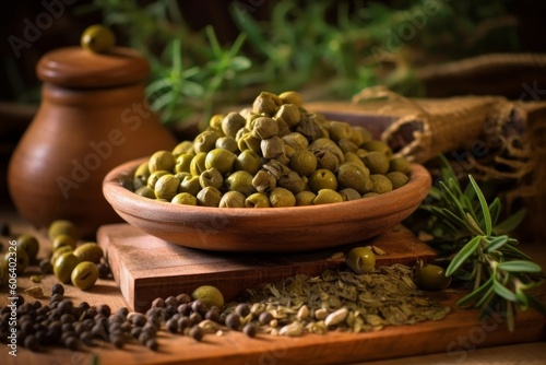 capers piled up on a rustic wooden plate, surrounded by herbs and olives