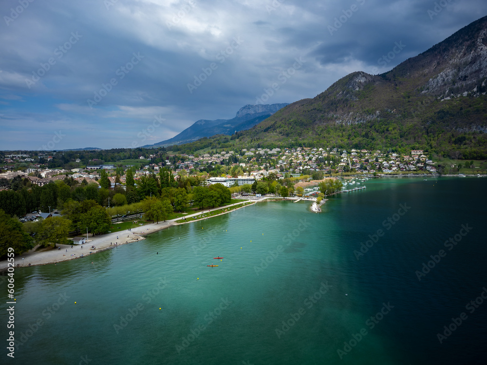Aerial shot of a scenic cityscape at Annecy Lake in France.