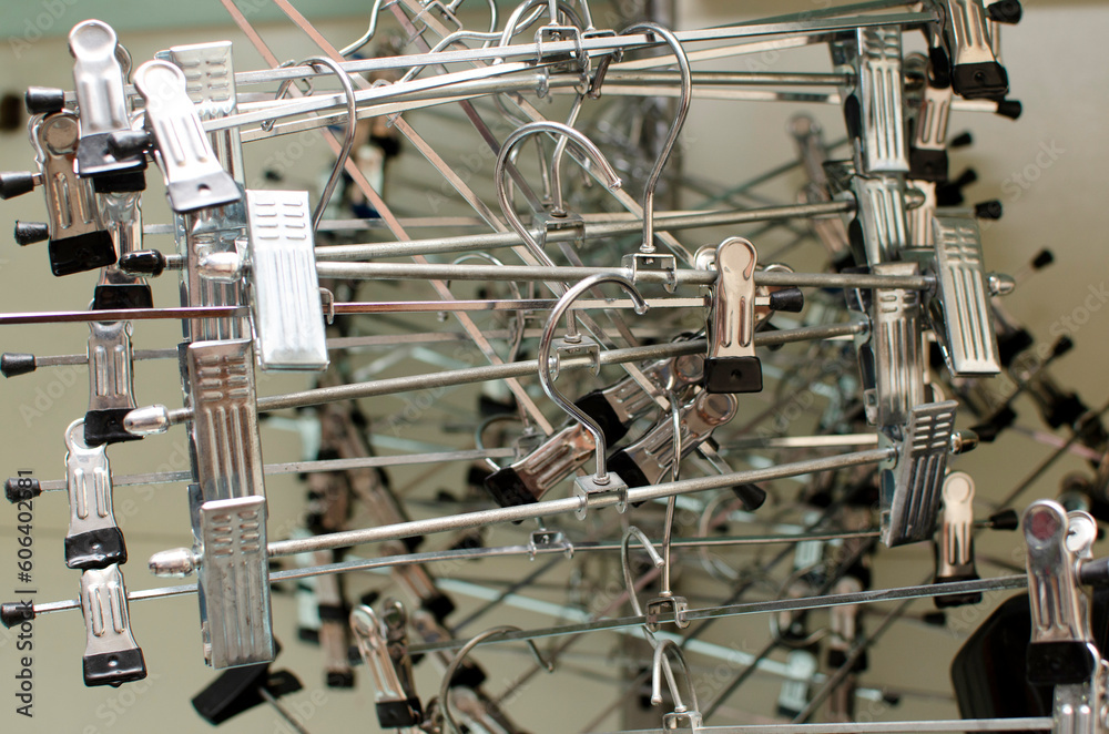 Close up view of metal hangers