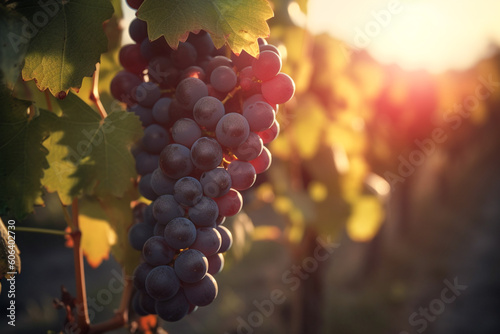 Close-up of a bunch of ripe red grapes in the countryside at sunset. Grapes hanging on a vine against the backdrop of a vineyard in clear sunny weather. Generative AI