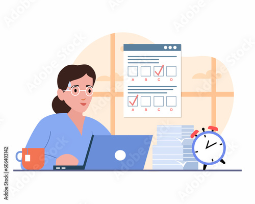 Women taking online college exam at home. Concept of online exam, online survey, e-learning. 