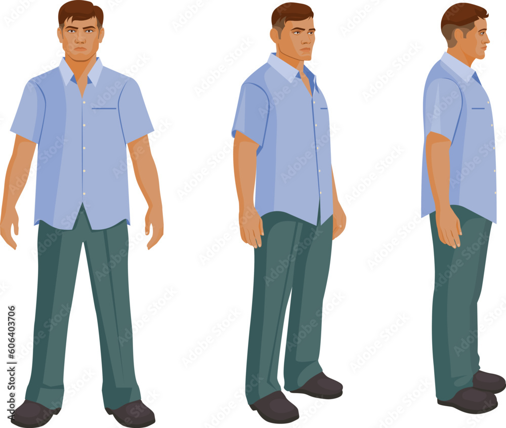 Male character turnaround side, front, and one-third front views Male character turnaround side, front, and one-third front views