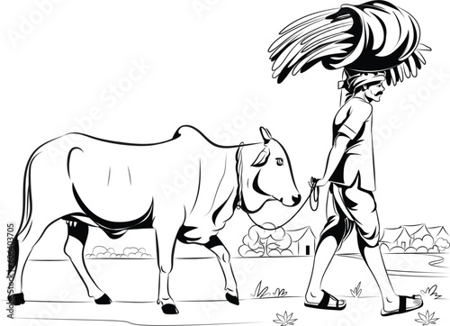 Indian farmer walking with his cow on a farm