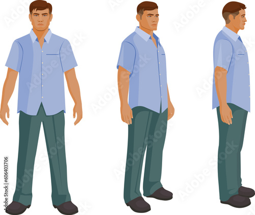 Male character turnaround side, front, and one-third front views