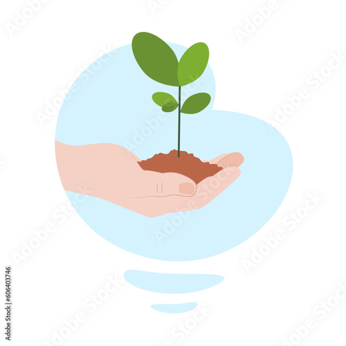 Small sprout in hand. The concept of care and conservation of the earth and the environment. Vector illustration isolated on white background. © TATSIANA