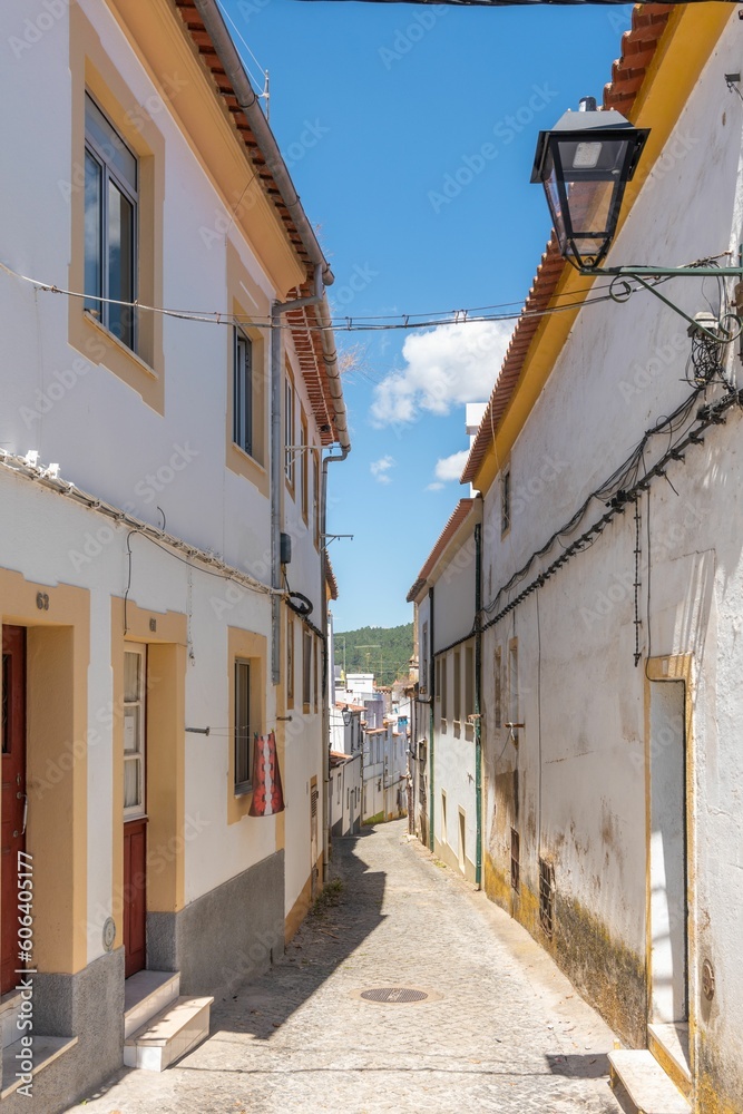 Beautiful building painted in white and yellow in the historic area of the city of Portalegre