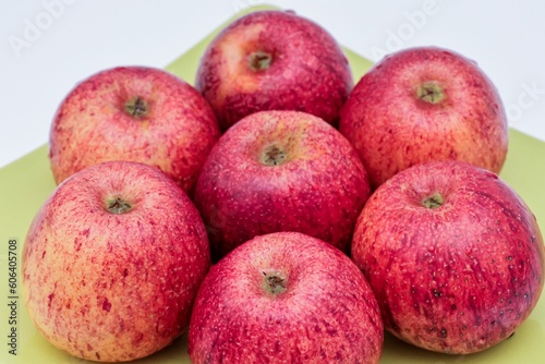 Top view of red apples of pero bravo esmolfe species washed with fresh water on a green plate photo