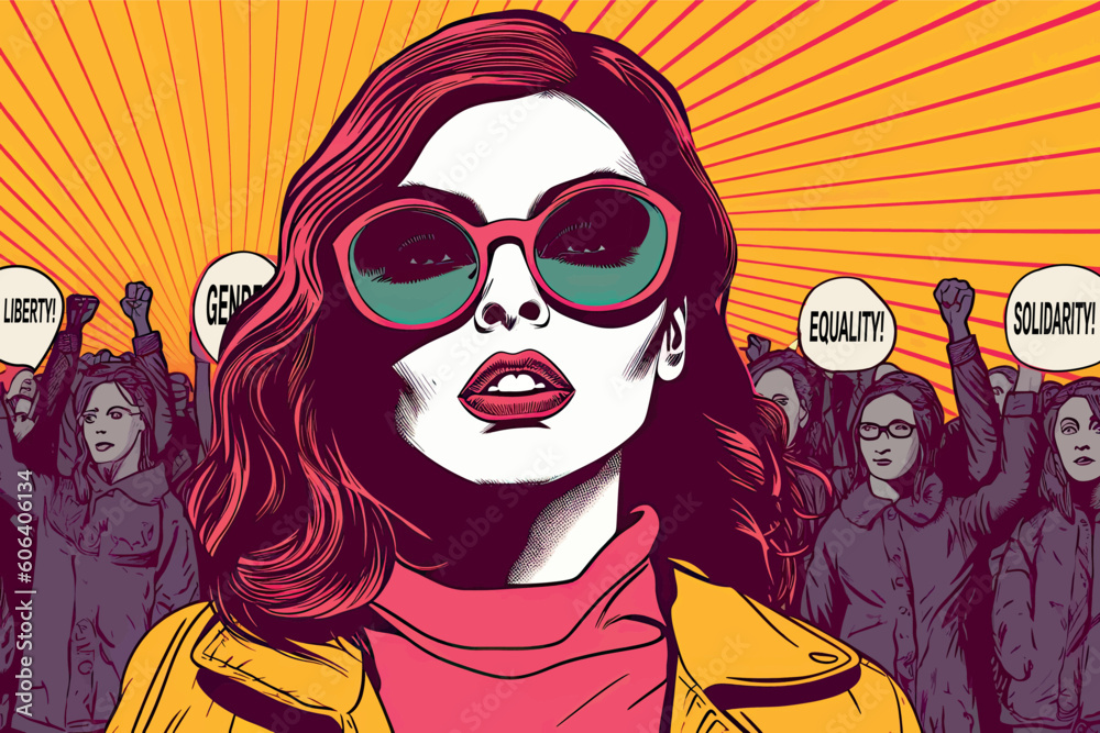 Pop art background with female Stand up for your rights protest. Female power, protest, feminism. Vector poster in retro comic style.