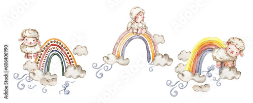 White fluffy sheep sitting on the rainbow and clowds arround it. Illustration of farm baby animal . Perfect for wedding invitation,greetings card, poster, fabric pattern. photo