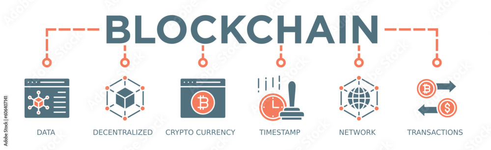 Blockchain banner web icon vector illustration concept with icon of data, decentralized, crypto currency, timestamp, network and transactions