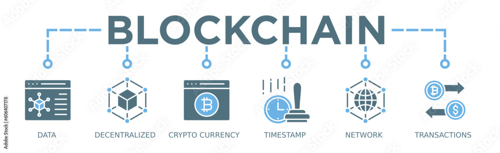 Blockchain banner web icon vector illustration concept with icon of data, decentralized, crypto currency, timestamp, network and transactions Blockchain banner web icon vector illustration concept with icon of data, decentralized, crypto currency, timestamp, network and transactions
