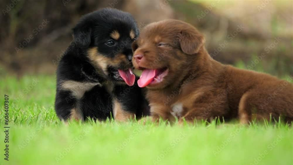 Rottweiler puppies, cute small dogs are playing with each other on