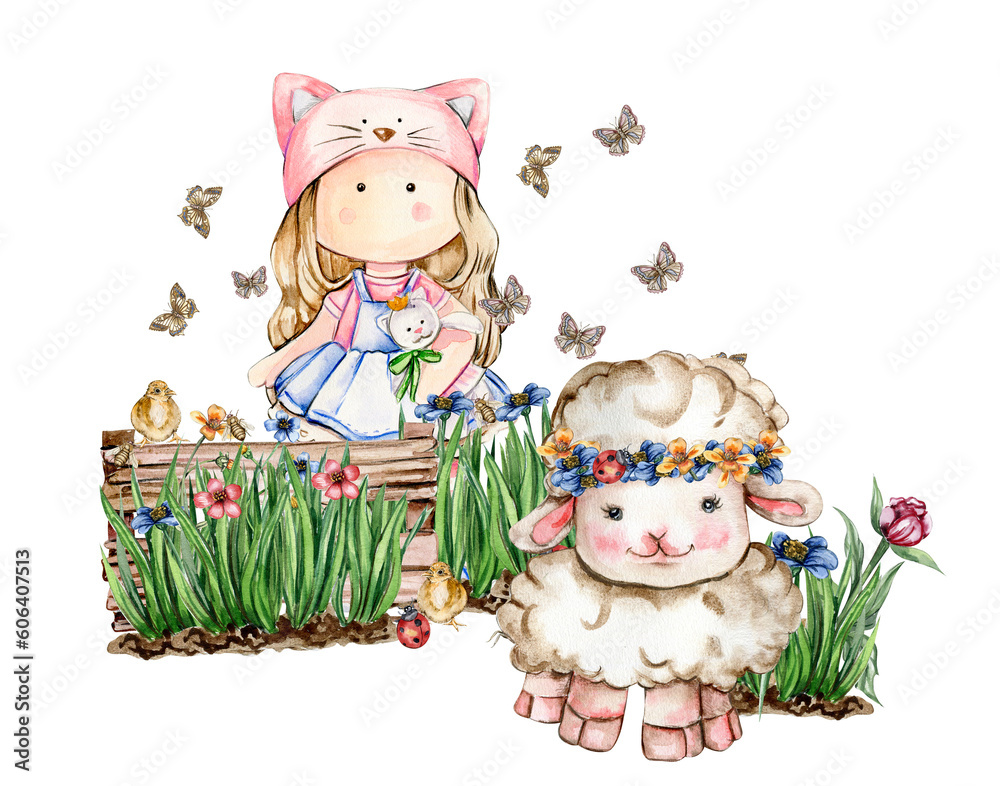 Naklejka premium Girl Tilda doll and white fluffy sheeps sitting in the grass with flowers and butterflies. Watercolor hand drawn illustration of farm baby animal . Perfect for greetings card, poster, fabric pattern.