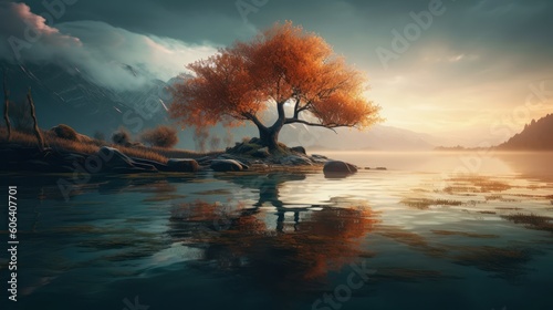 lonely tree reflected in the water, beutiful scenery, generative ai © Gasi