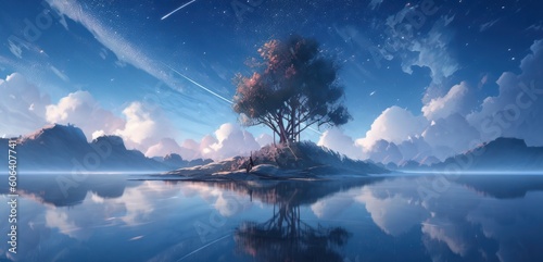 lonely tree reflected in the water, beutiful scenery, generative ai