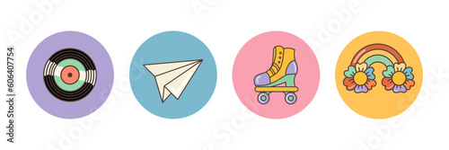 Funny cartoon vinyl record, paper plain, roller skates, rainbow and flowers  icons. Isolated  cartoon vector illustration. Sticker pack in trendy retro psychedelic style. Groovy hippie 70s set.
