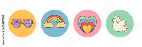 Funny cartoon sunglasses, heart, rainbow, peace icons. Isolated  cartoon vector illustration. Sticker pack in trendy retro psychedelic style. Groovy hippie 70s set.