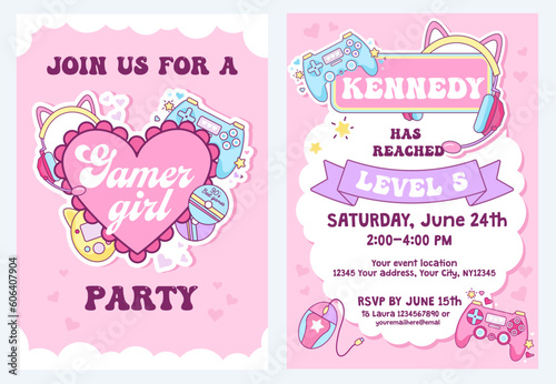 Cute vector Birthday card invitation design. Gamer girl kids Birthday party invitation. Vintage 90s celebration event template with controller game elements. Flat style gaming kawaii illustration