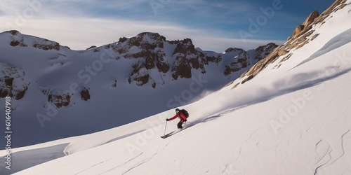 A skier carving fresh tracks on a pristine, snow-covered slope, concept of Powder skiing, created with Generative AI technology