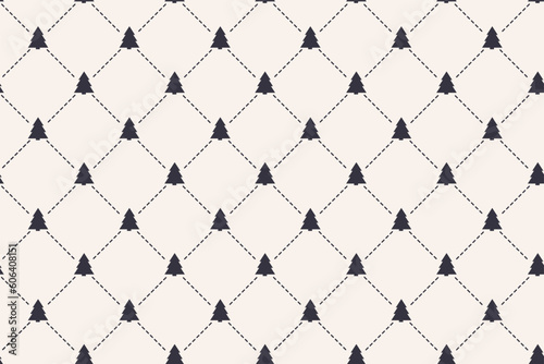 Simple Christmas seamless pattern with trees, geometric rhombus shapes and diagonal dotted lines. Elegant Xmas background for wallpaper, print, greeting card. Flat style New Year vector illustration