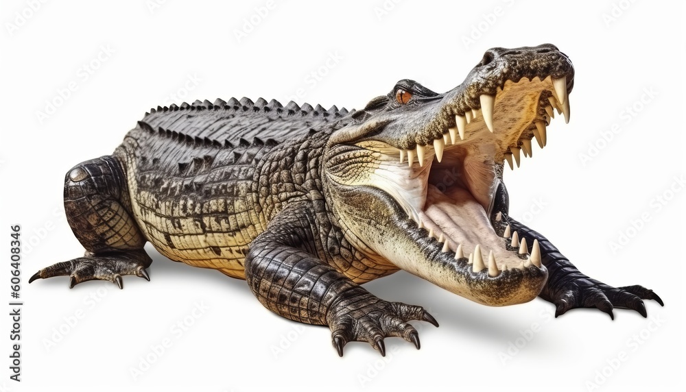 Large Crocodile open mouth isolated on white background - obrazy, fototapety, plakaty 