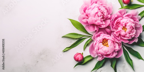 Beautiful pink peony flowers on stone background. Copy space, top view, flat lay. Generative AI.