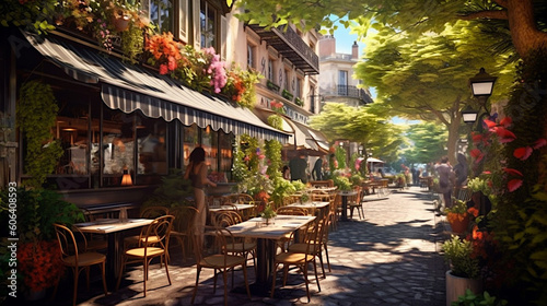 Street view with cafe or restaurant. Coffee shop in the city. Rue de Paris. Summer time. Ai illustration, fantasy digital painting, Generative AI © PaulSat