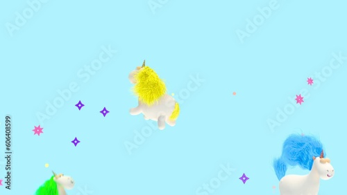 Colorful bright background with jumping unicorns and flying confetti. Background for children's party, anniversary, birthday. Seamless loop, luma mask, alpha channel, slow motion, 3d render