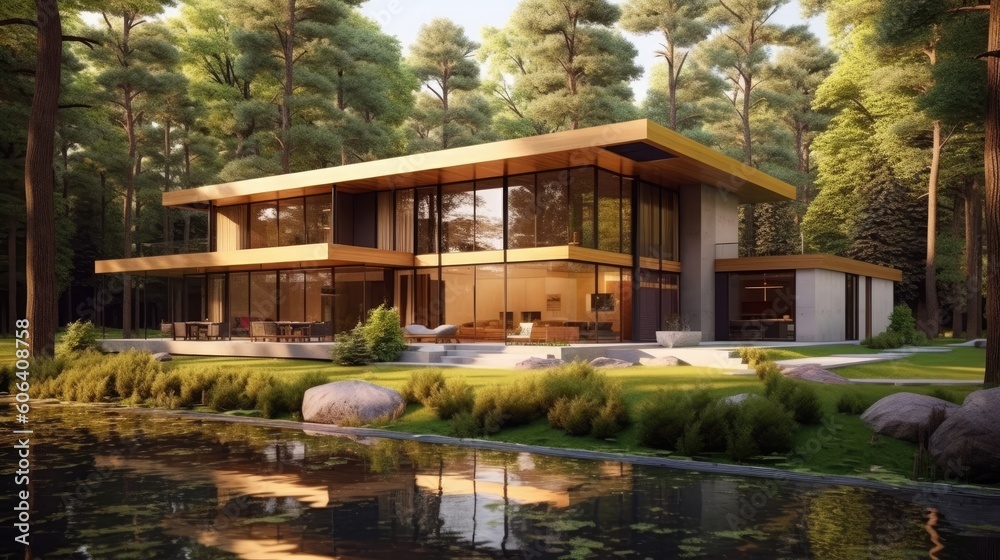 Fototapeta premium A beautiful modern house with large floor - to - ceiling windows, surrounded by manicured gardens and tall trees. generative ai