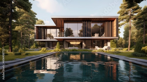 A beautiful modern house with large floor - to - ceiling windows, surrounded by manicured gardens and tall trees. generative ai