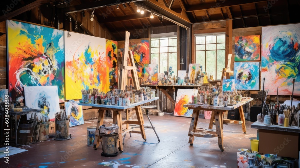 A artist's studio with floor - to - ceiling canvases, an array of paintbrushes, and splashes of vibrant colors on the walls. The studio is a space where creativity comes to life. generative ai