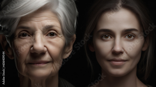 Same Person - 50 Years Apart. Cropped composite image of a woman when she was young and old. Content was not based on a real person. 