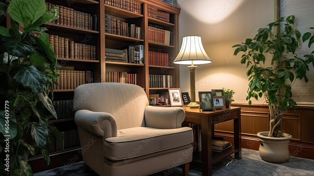 A cozy reading corner in a government building with a comfortable armchair, a bookshelf filled with important documents, and soft lighting for focused reading. generative ai