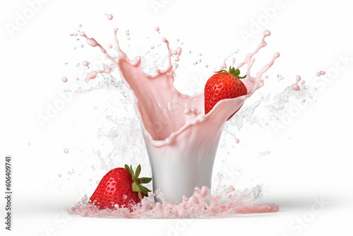 white milk, splash strawberry, isolated background, generative AI