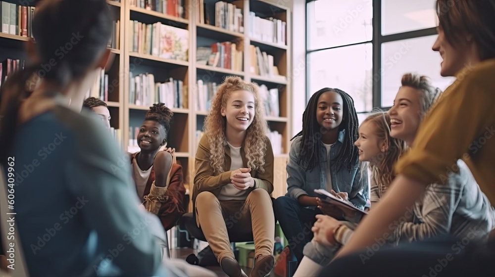 Obraz premium A diverse group of students engaged in a lively educational discussion, sharing ideas and knowledge. The classroom is filled with enthusiasm and intellectual curiosity. generative ai