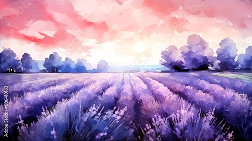 Beautiful lavender field. Watercolor style. Ai illustration, fantasy digital painting, Generative AI