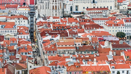 View of the buildings with red roofs in downtown Lisbon, Portugal.