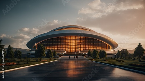 A futuristic government building with a sleek, curved exterior, cutting - edge technology, and sustainable design elements. The building represents innovation and progress in governance. generative ai