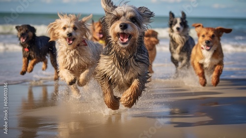 A group of playful dogs running freely on a sandy beach © Neo