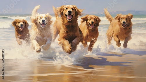 A group of playful dogs running freely on a sandy beach