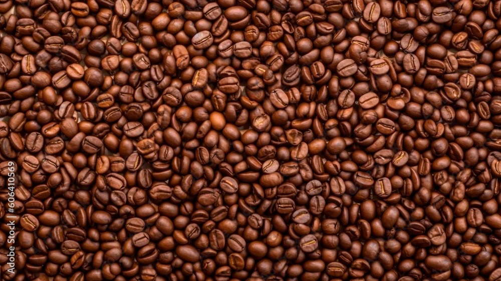 Top view of a coffee beans background. Generative AI. Top view of a coffee beans background. Generative AI.