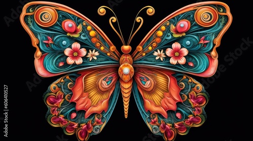 A magnificent butterfly perched on a delicate flower, showcasing its intricate patterns and vibrant colors. generative ai