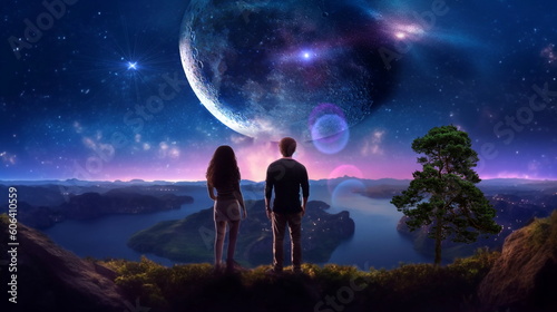   romantic couple  beautiful young woman and man  stay on earth and watch starry sky  moon  planet surrealism generated ai