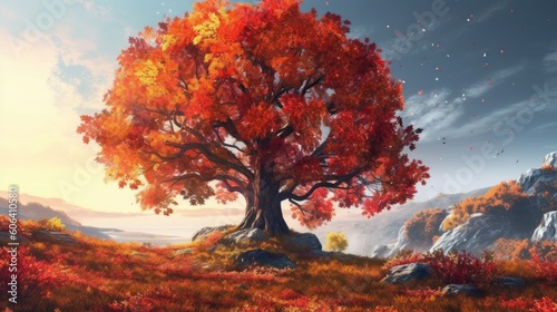 A majestic tree with vibrant autumn leaves, standing tall in a picturesque countryside setting. generative ai