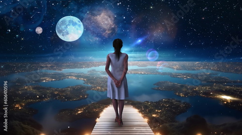 beautiful young woman in white dress stay on earth and watch starry sky moon planet surrealism,nature cosmic backgrount fantasy