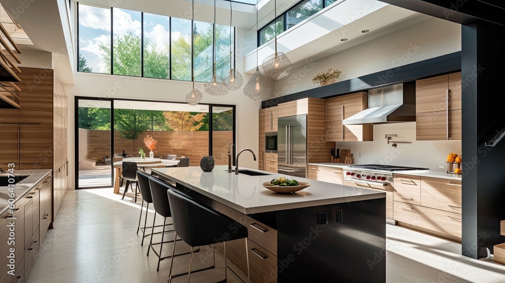 Sleek and modern kitchen with handleless cabinets, a quartz countertop, and pendant lighting