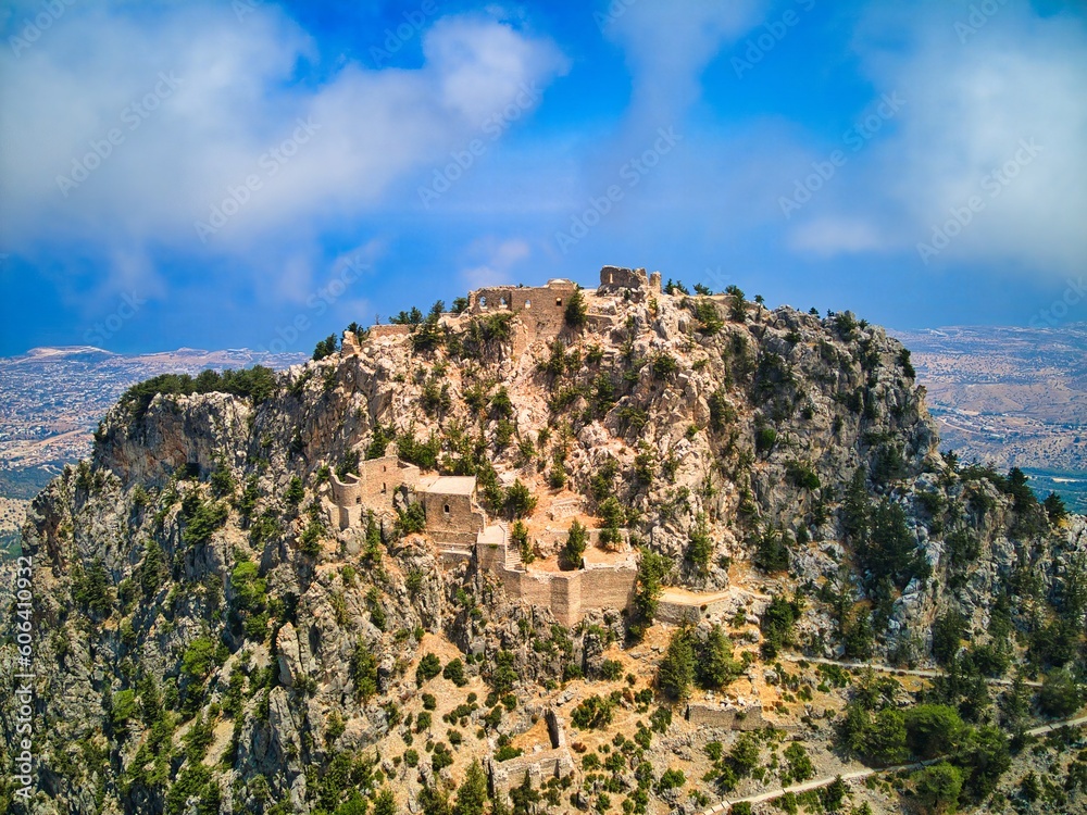 Buffavento Castle in Kyrenia, North Cyprus on sunny day with cloudy sky
