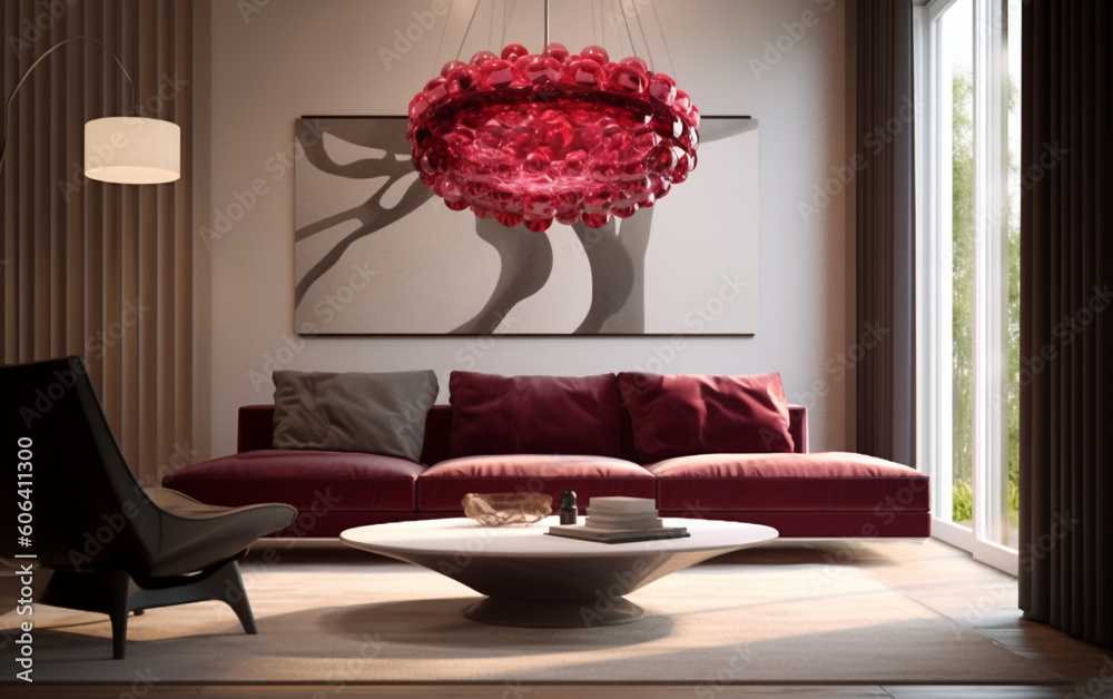 Contemporary living room with bold maroon statement piece, Generative AI	